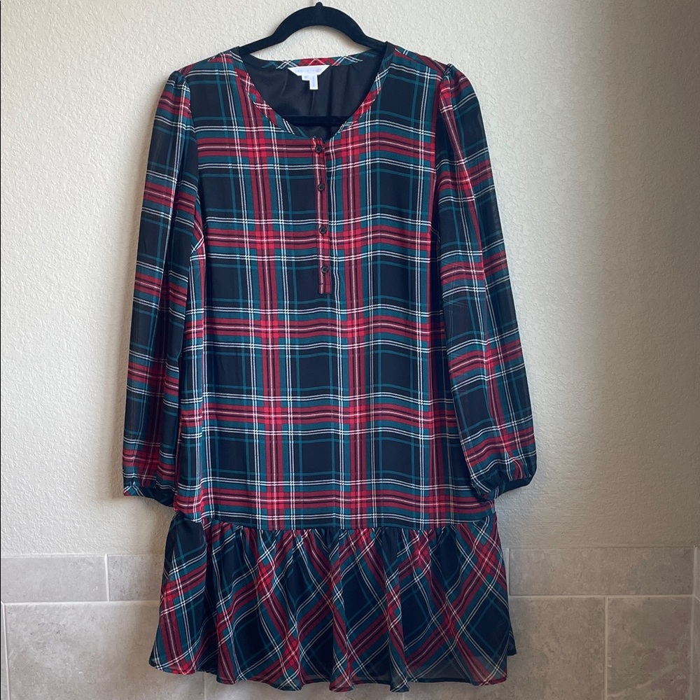 Draper James Small Plaid Long Sleeve Flounce Ruffle Hem Shift Dress Tie Neck